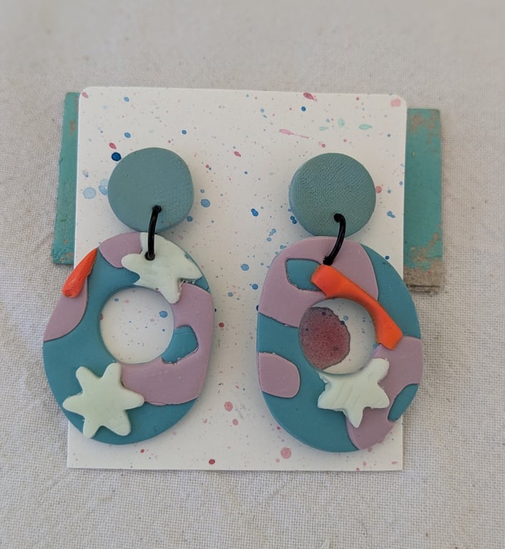 Blue, lilac and orange large dangly earings 