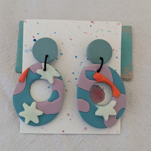 Blue, lilac and orange large dangly earings 
