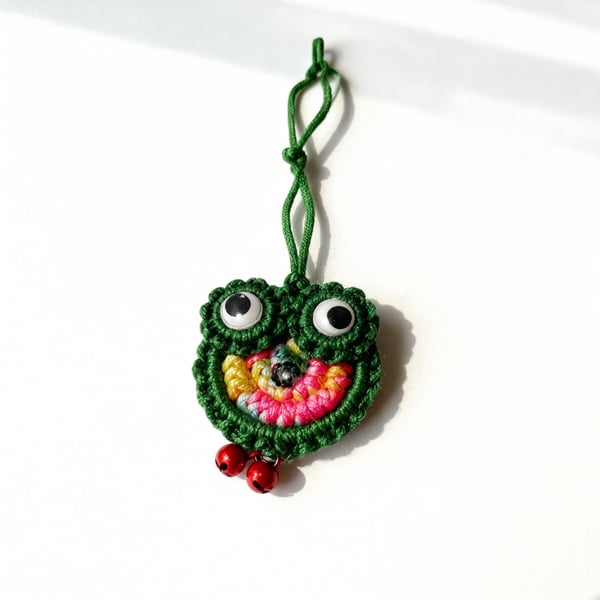 Handmade Green Owl Charm – Macramé Accessory with Bells