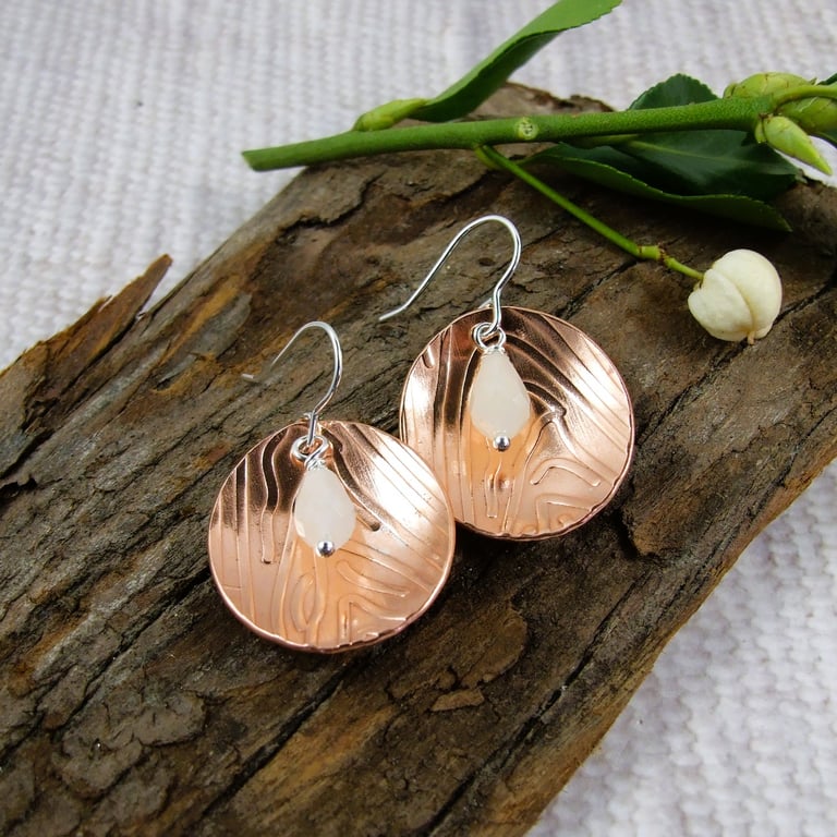 Earrings, Copper Ovals with Rose Quartz Drops and Sterling Silver Ear Wires