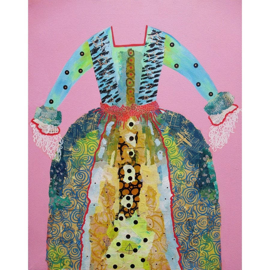 Mixed Media Rococo Dress Painting Abstract Clothing Artwork Unusual Deep Canvas
