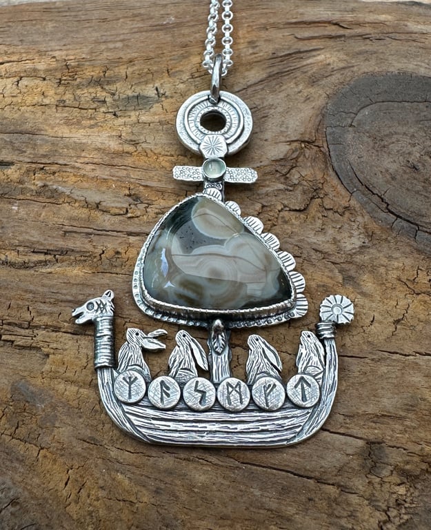 Hare Viking Ship Pendant with Ocean Jasper