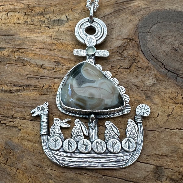 Hare Viking Ship Pendant with Ocean Jasper