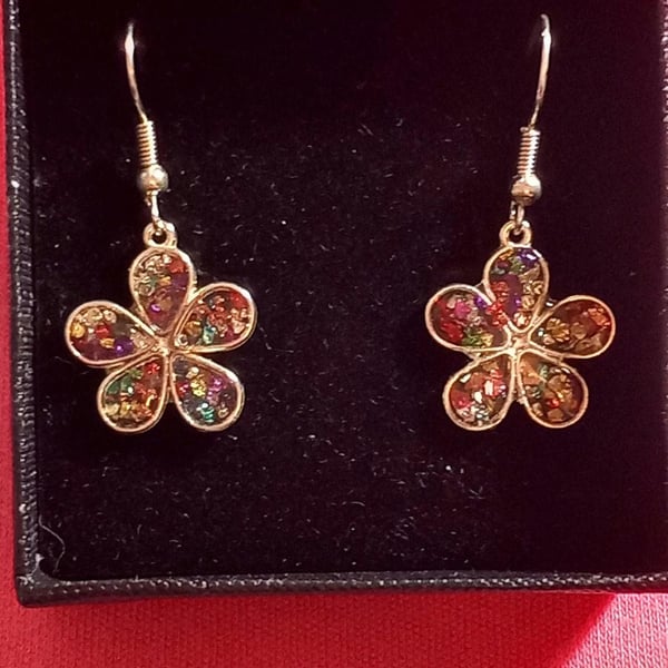 Drop Dangle earrings flower charm,Rainbow coloured Flower hypoallergenic earring