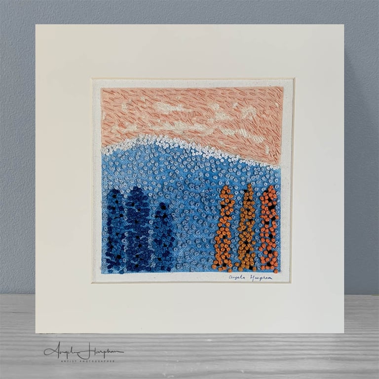 Mixed Media Lino Print - Landscape on Canvas with Embroidered Delphiniums