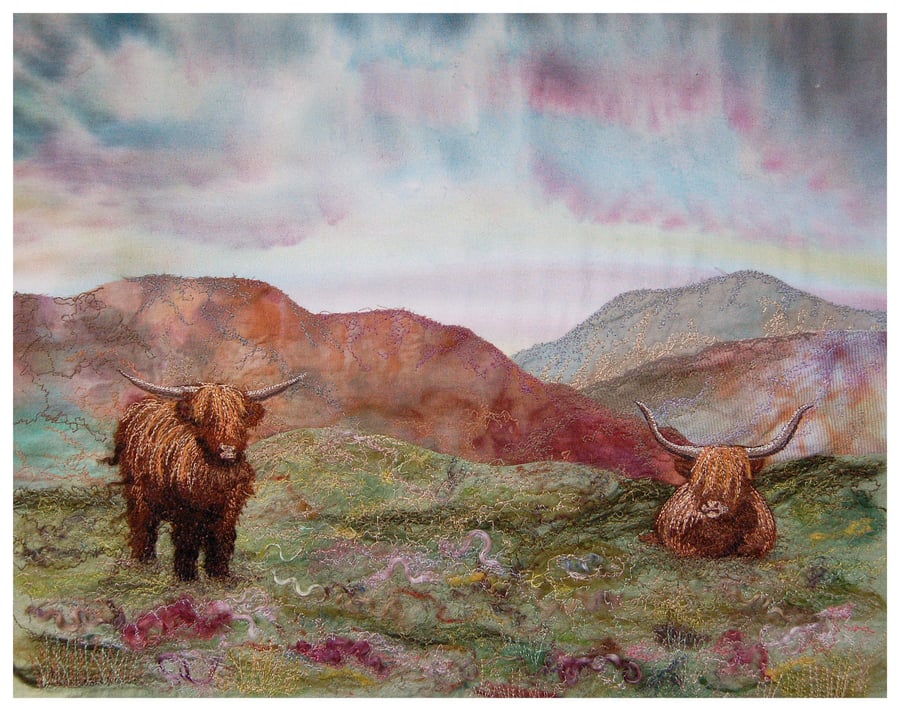 Highland Glen, framed print, embroidered textile art