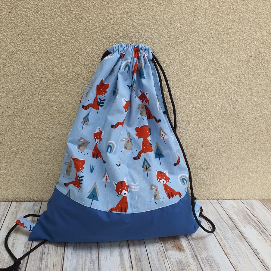 Blue - Fox Drawstring Bag, PE Kit, Backpack, cotton cretonne, storage drawstring