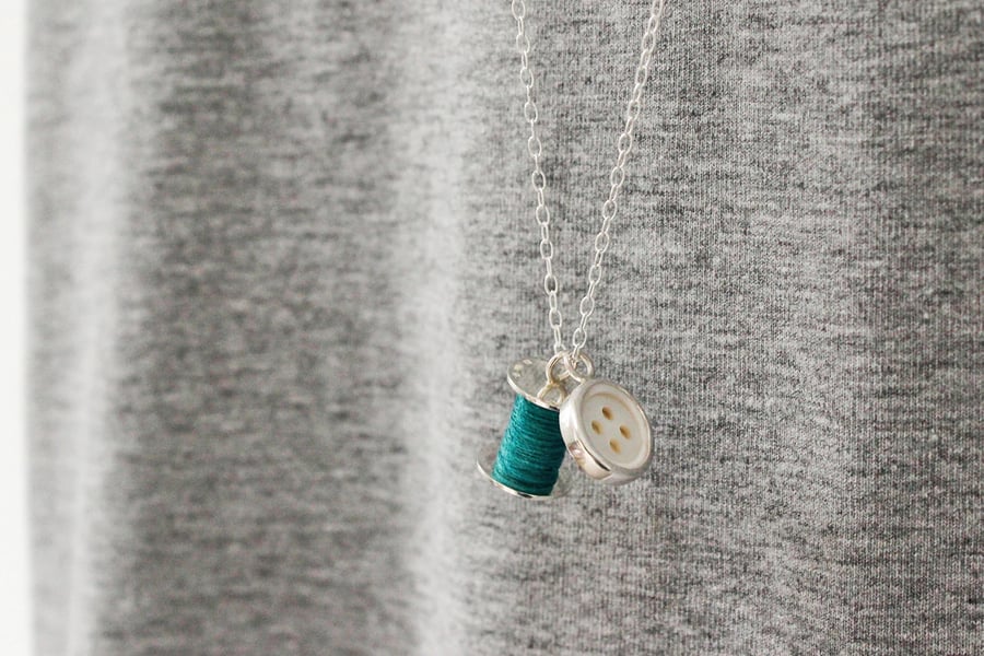 Cotton reel and button necklace, silver necklace, vintage button