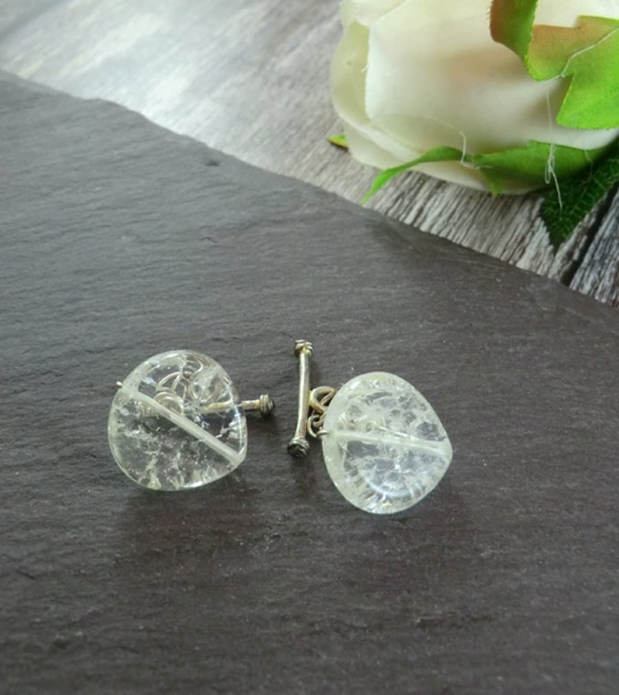 Clear Crackled Quartz Cufflinks with a Hint of Yellow, Clear Cufflinks 