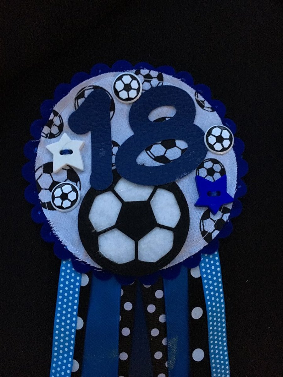 Birthday badge-Rosette Personalised - birthday football - male - Blue 
