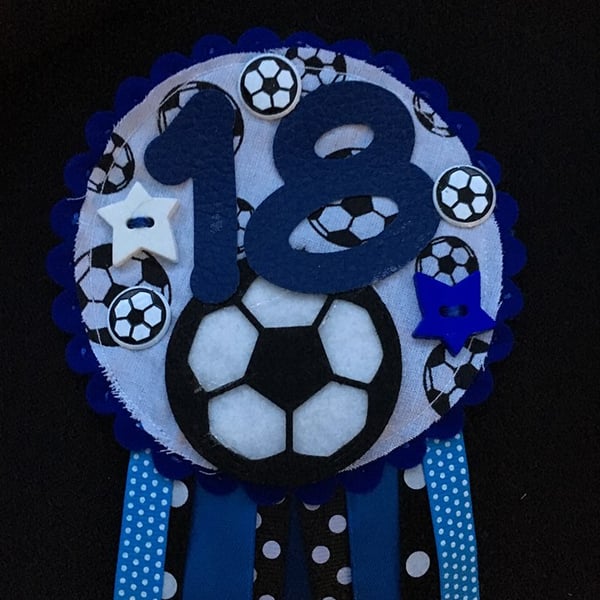 Birthday badge-Rosette Personalised - birthday football - male - Blue 