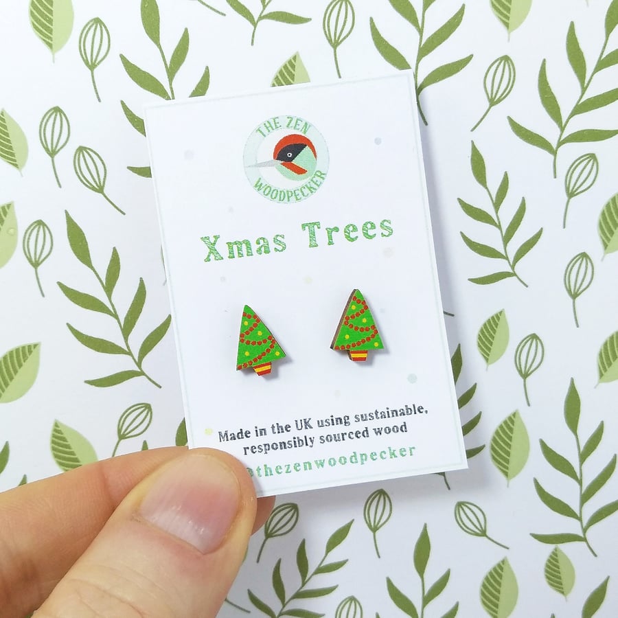 Christmas Tree Earrings, Xmas Ear Studs, Silver Plated or Sterling Silver Backs