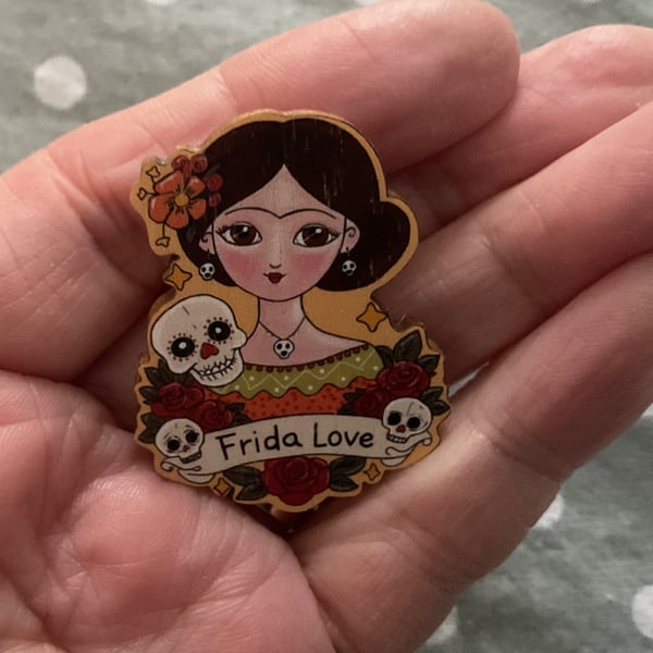Frida Kahlo Pin Badge – Wooden Brooch, Feminist Gift, Positive Affirmation Jewel