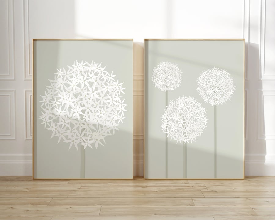 Set of 2 Sage Green Allium Flower Prints