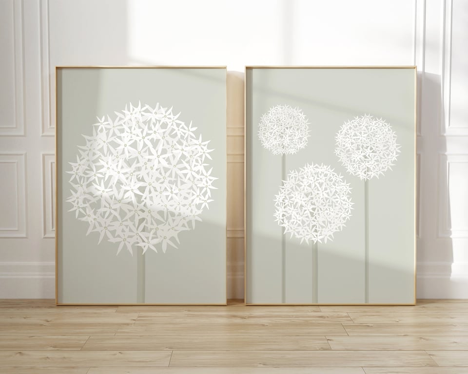 Set of 2 Sage Green Allium Flower Prints