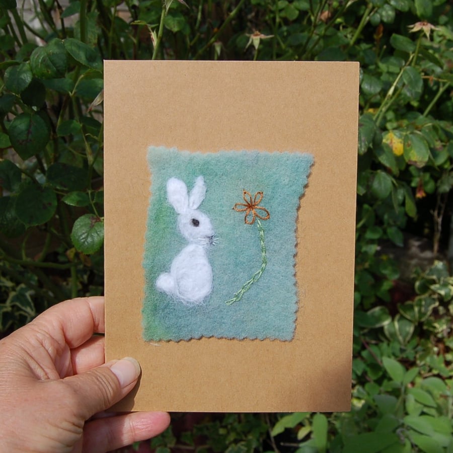 Needle Felt White rabbit  wool card.   Blank Greetings card.  Rabbit card 