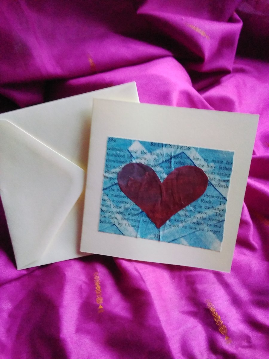 Dark red heart on monoprint blue cream card 