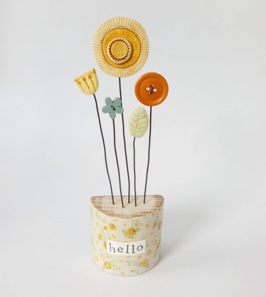 SALE - Clay and Button Flowers in a Floral Wooden Block 'hello' 