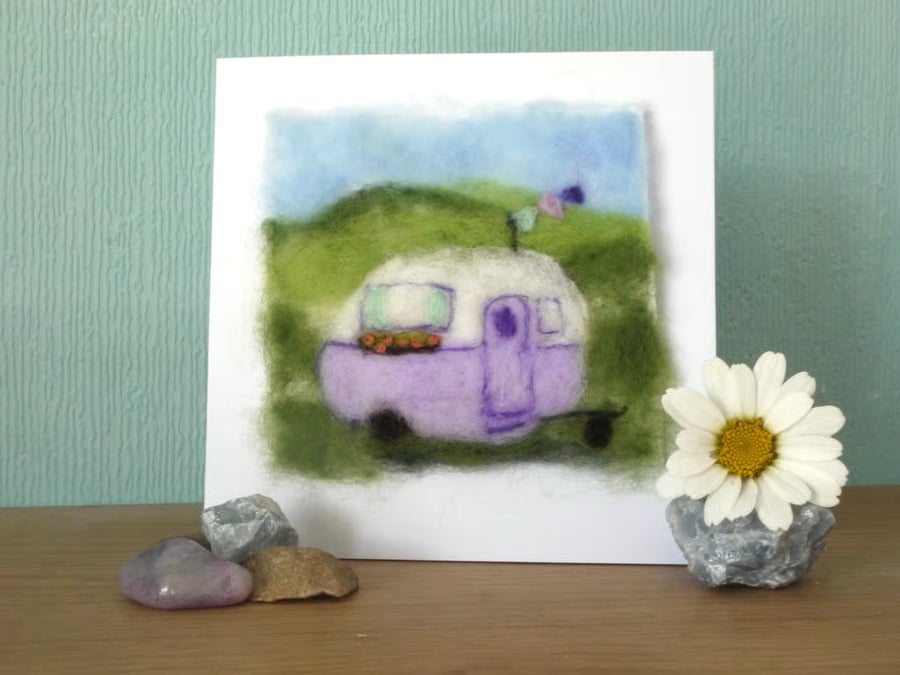 Handmade needle felted Happy Campers greetings card