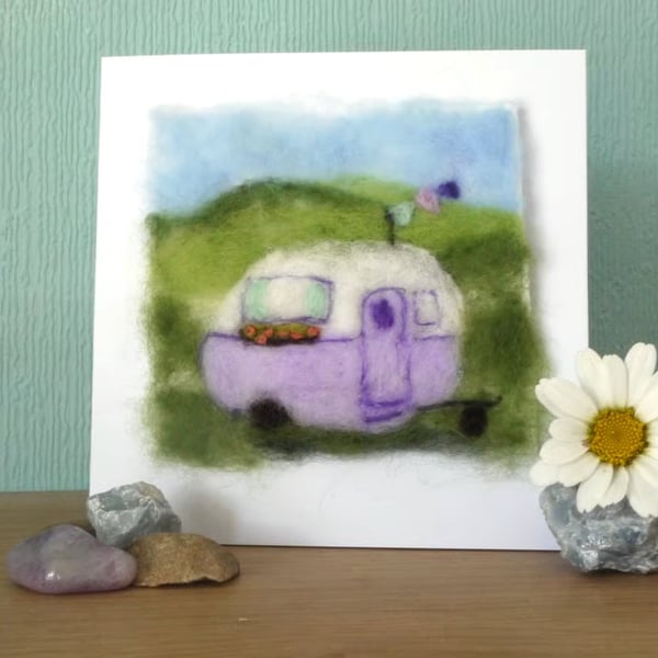 Handmade needle felted Happy Campers greetings card
