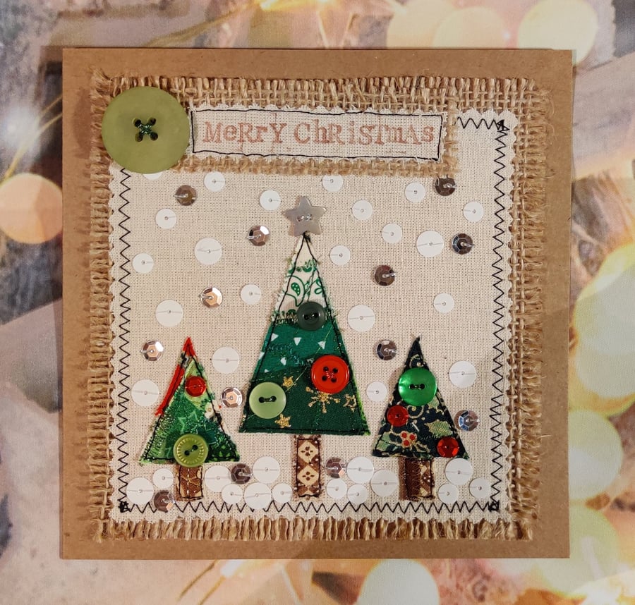 Unique, handmade appliquéd fabric Christmas tree cards 