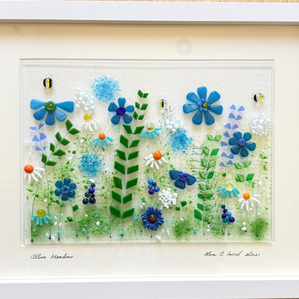Blue meadow , fused glass floral glass art