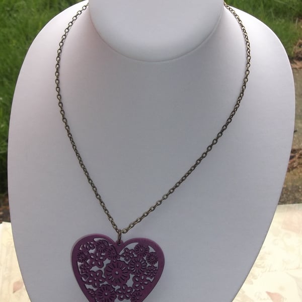 Purple Wooden Heart Necklace