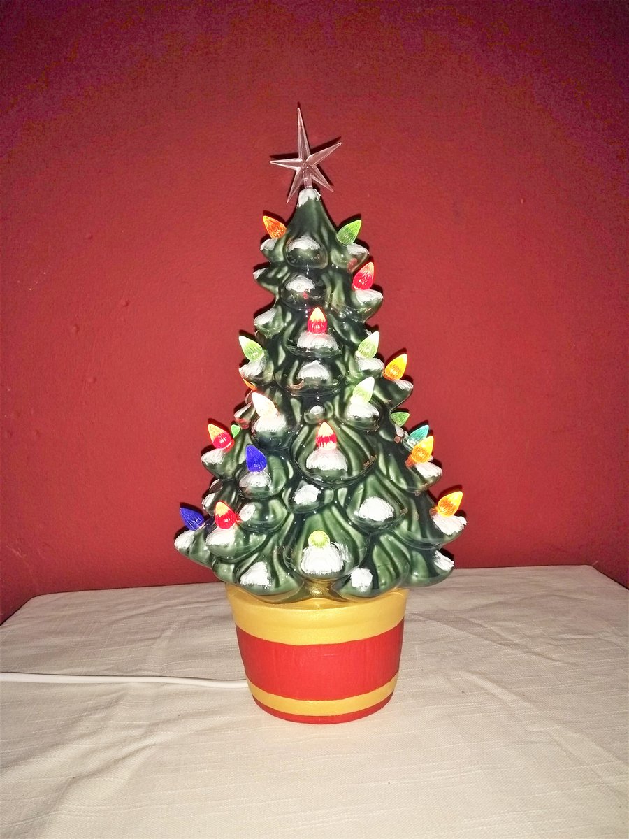 Pottery green Christmas tree electric lamp vintage style