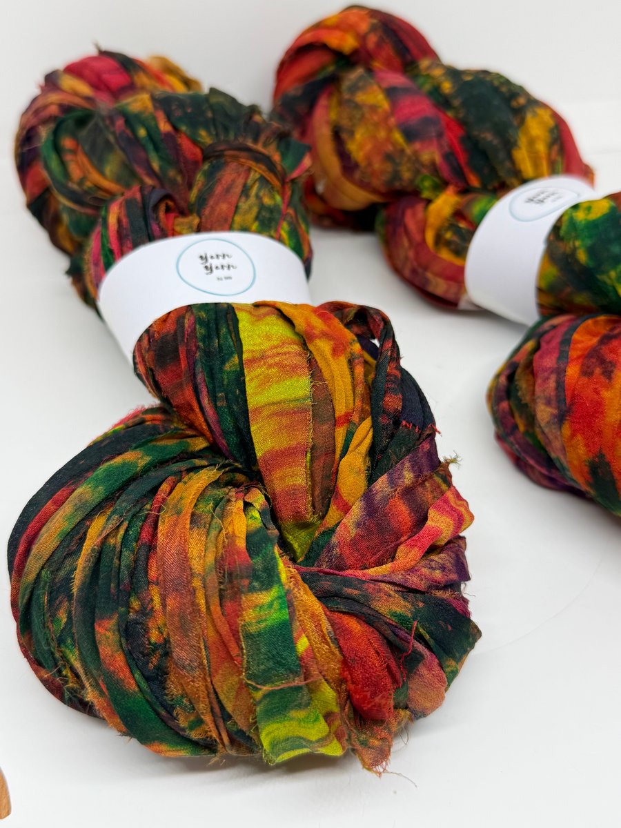 Sari silk ribbon tie dyed in botanical shades. knitting, fibre arts. 40m