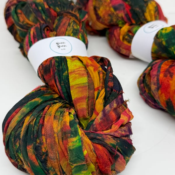 Sari silk ribbon tie dyed in botanical shades. knitting, fibre arts. 40m