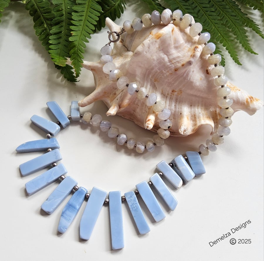 Genuine Blue Opal Choker Length Sterling Silver Necklace