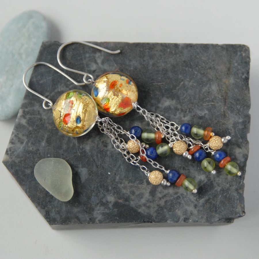 Sterling silver and gold speckle murano dangle earrings