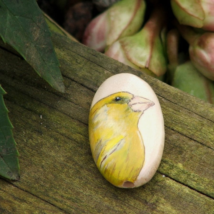 Hand painted wooden bead - Greenfinch, 35 x 20mm
