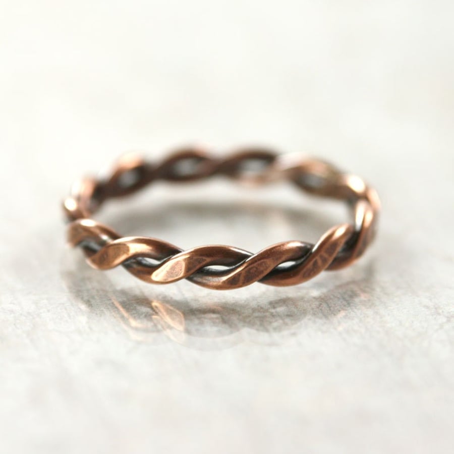 Mens Copper Twist Ring Hammered Chunky Rope Ring
