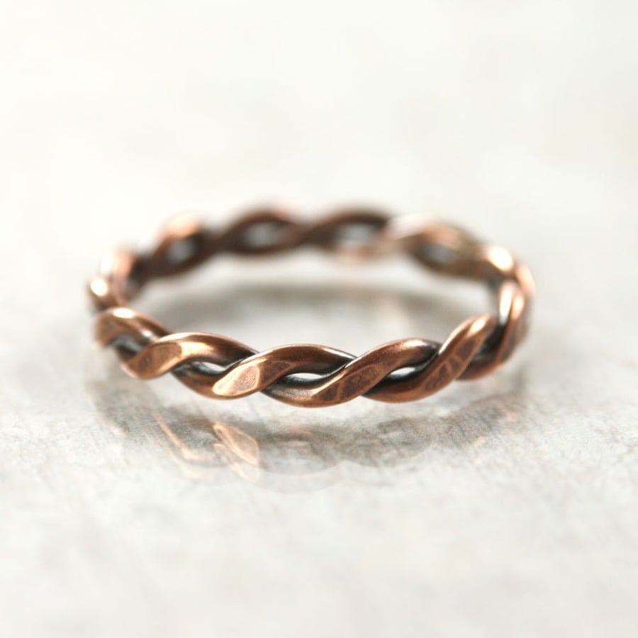Copper Twist Ring Hammered Chunky Rope Ring - Unisex