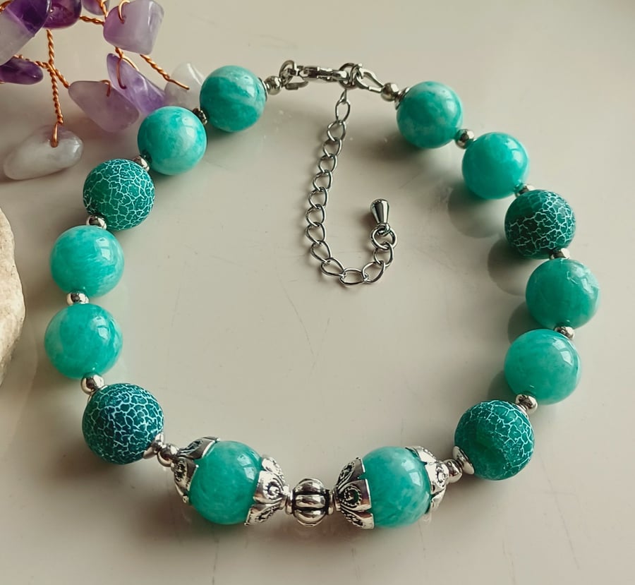 Amazonite and Toned Agate Beaded Bracelet, Handmade Stone Jewelry