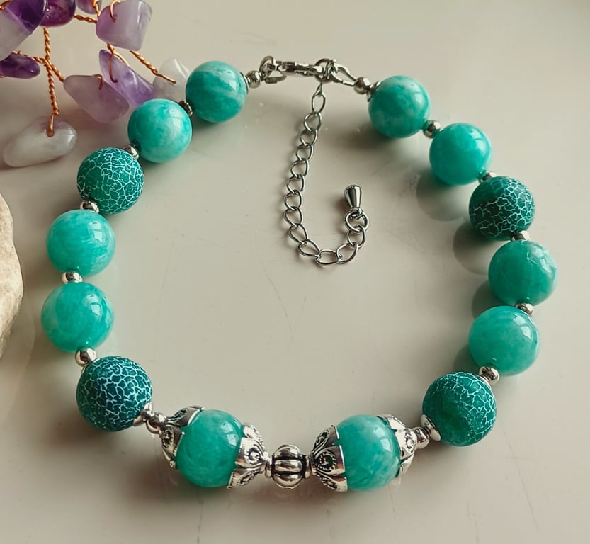 Amazonite and Toned Agate Beaded Bracelet, Handmade Stone Jewelry