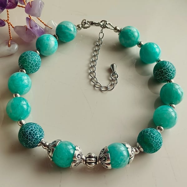 Amazonite and Toned Agate Beaded Bracelet, Handmade Stone Jewelry