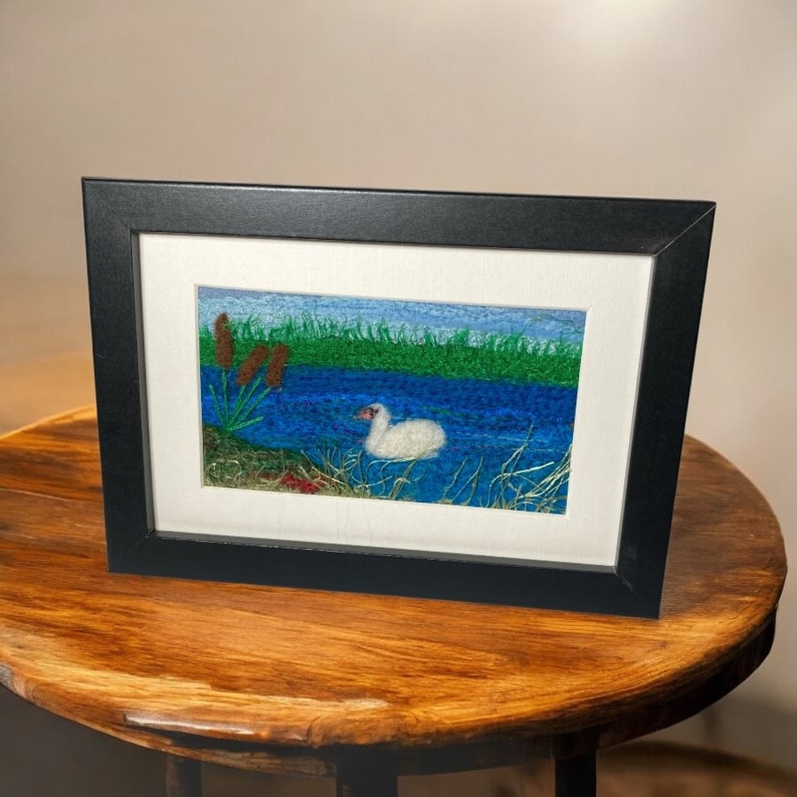 Textile art, Swan & bullrushes, needle felt silk and wool picture,6 x 4