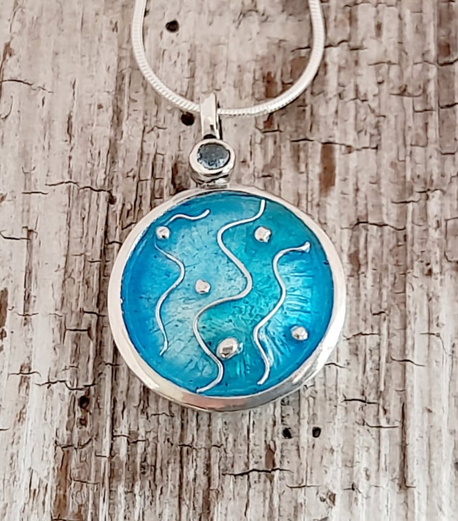 Enamelled Abstract Seascape Pendant with Topaz