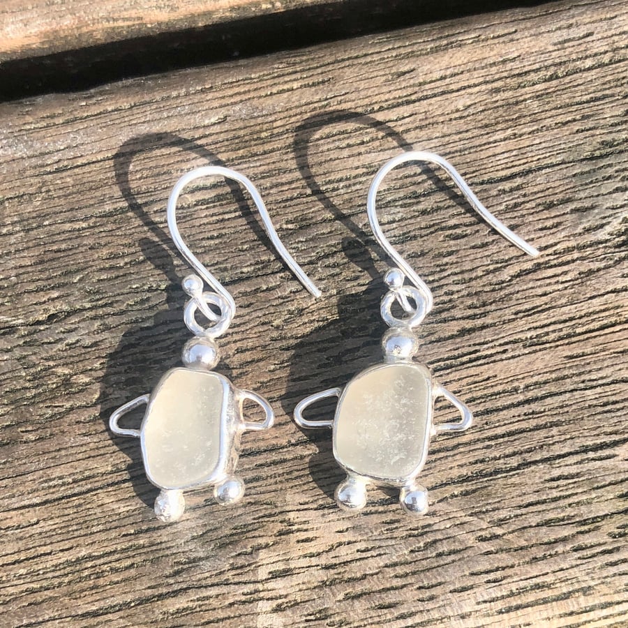 White Sea Glass and Sterling Silver Turtle Earrings - 1285