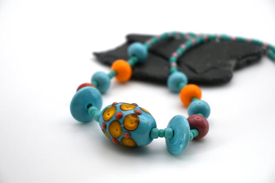 turquoise spot lampwork glass beaded necklace