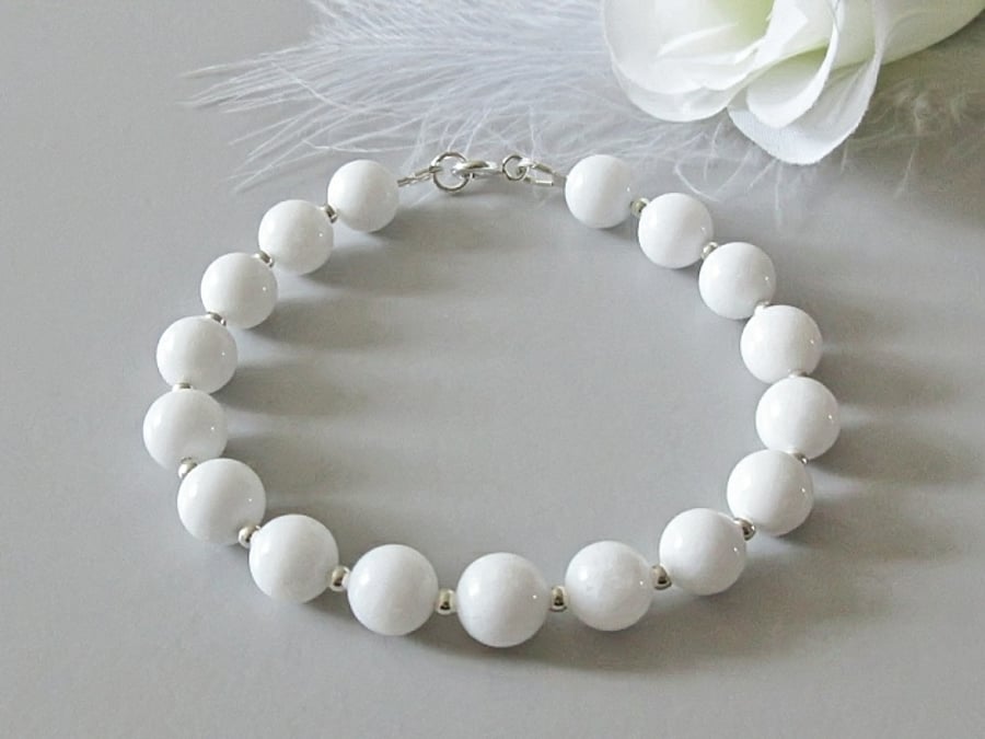 Snowy White Agate Bracelet With Sterling Silver Beads