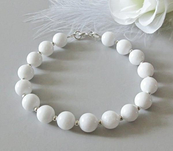 Snowy White Agate Bracelet With Sterling Silver Beads