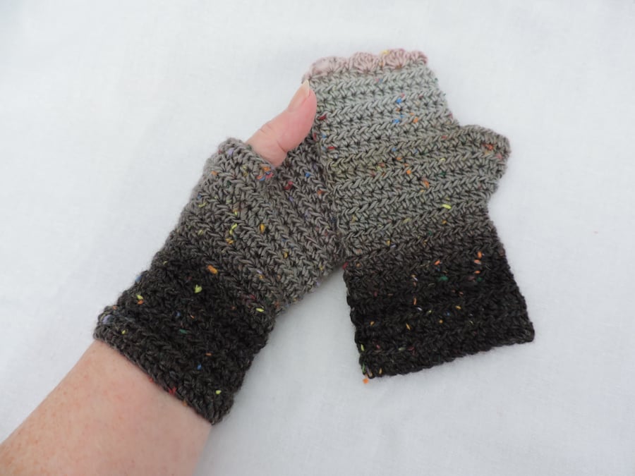 Crochet Fingerless Mittens Acrylic and Wool Blend Grey Black Pink Seconds Sunday