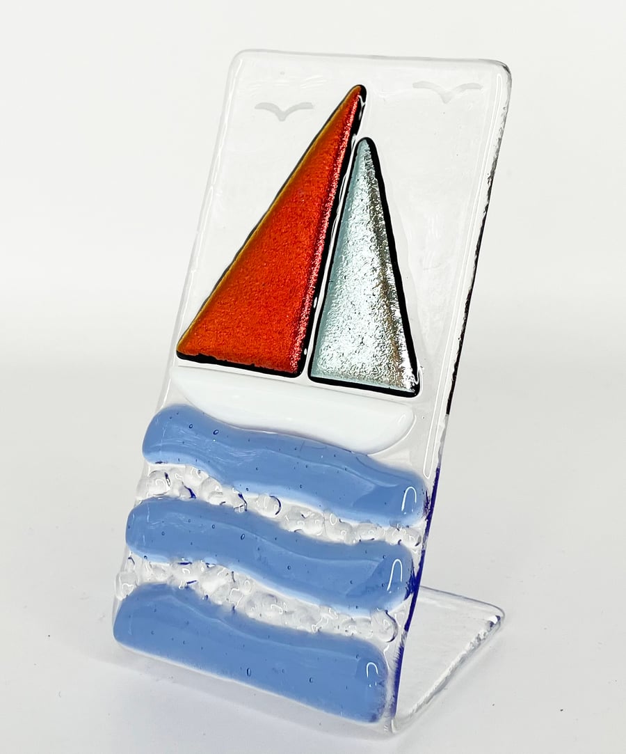 Fused Glass Sailing Boating Ornament,  Size 10cm x 5cm