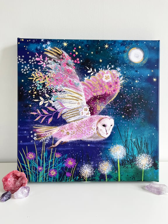 Moonlight Owl-printed canvas-hand finished with gold leaf