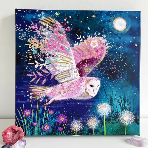 Moonlight Owl-printed canvas-hand finished with gold leaf