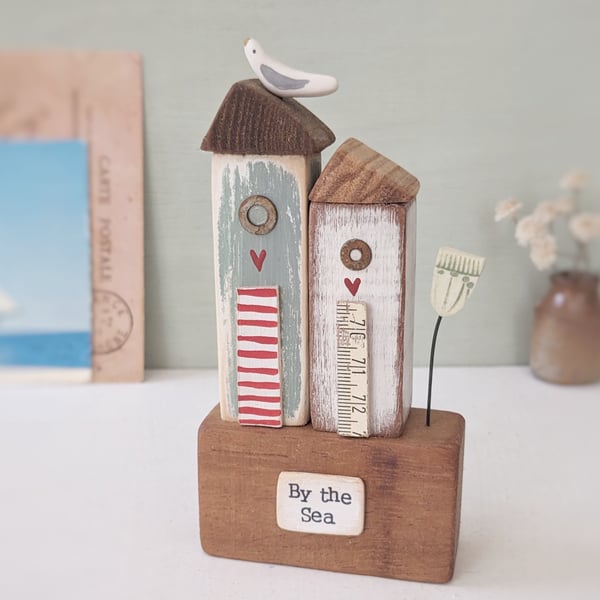 Tall Wooden Sea Huts with Clay Flower and Seagull 'By the Sea'