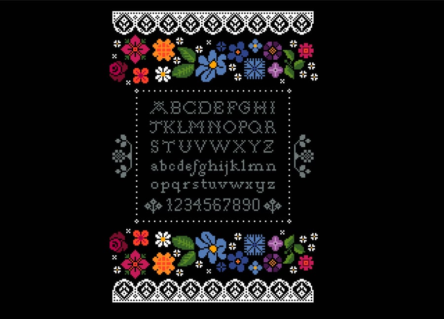 286 Cross Stitch Pattern colourful rainbow flower Alphabet Sampler